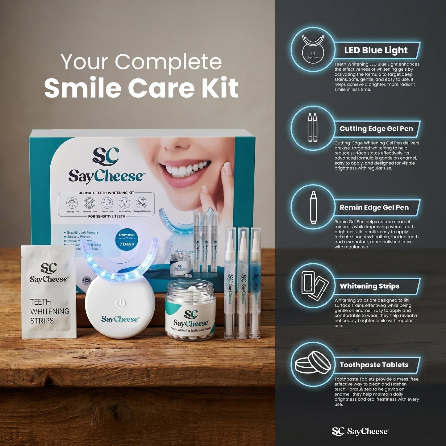 SayCheese SOLACE Sensitive kit — LED light, gel pen, strips, and toothpaste tablets