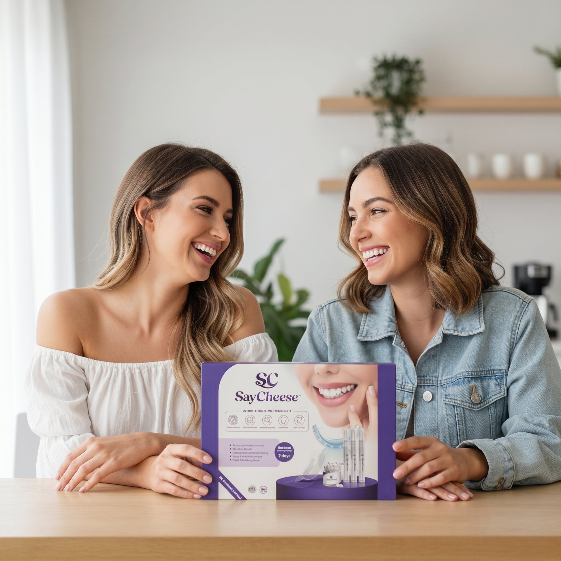 Two women holding a 'Say Cheese'  Ascend product box in a kitchen setting
