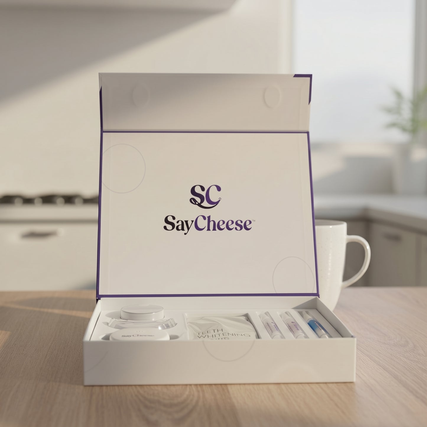 SayCheese product packaging on a kitchen counter Close Up