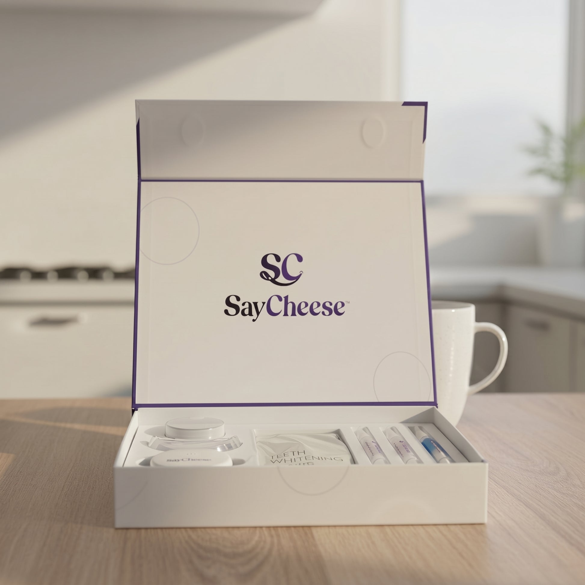 SayCheese product packaging on a kitchen counter Close Up