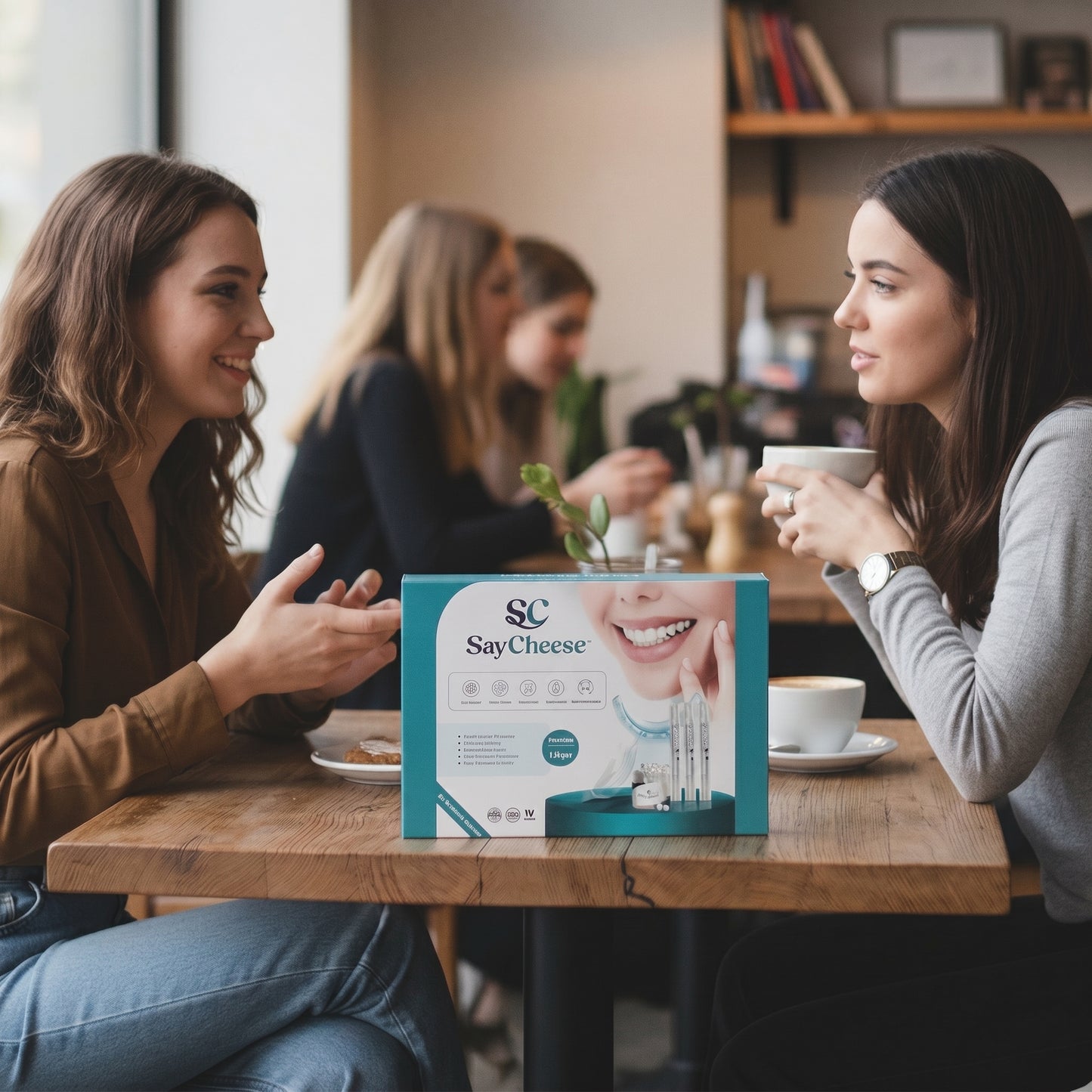 Two women with SayCheese SOLACE Sensitive product box