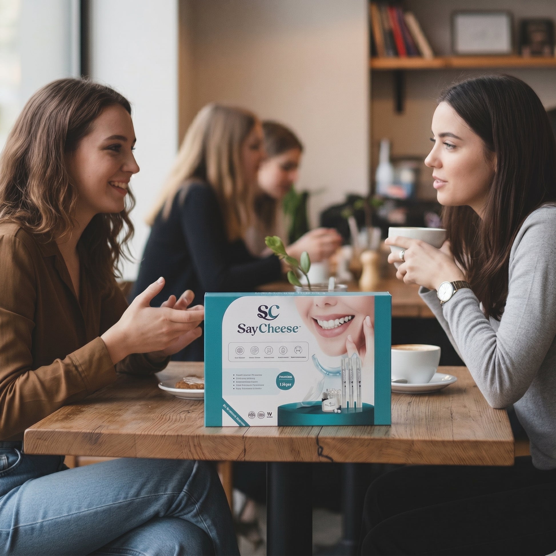 Two women with SayCheese SOLACE Sensitive product box