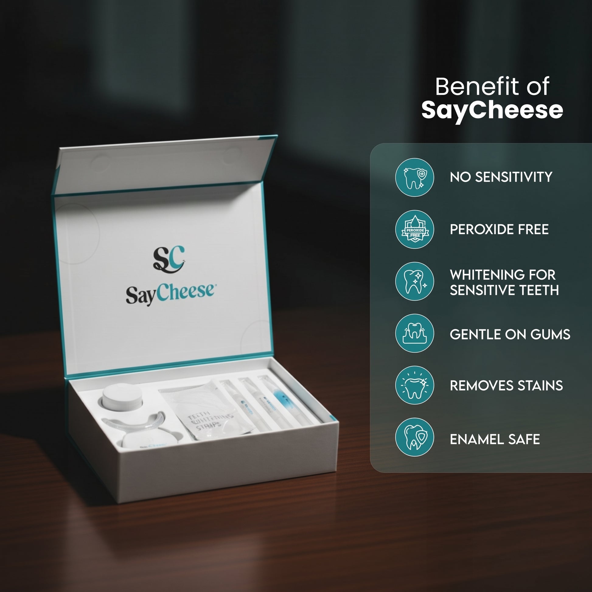 SayCheese teeth whitening kit with features listed on a dark background