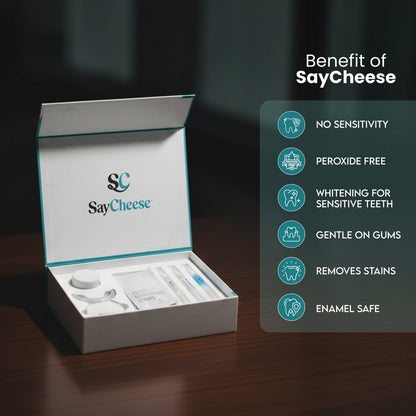SayCheese teeth whitening kit with features listed on a dark background