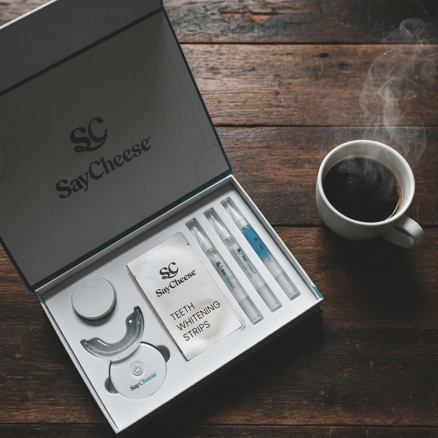 SayCheese SOLACE Sensitive whitening strips kit with coffee