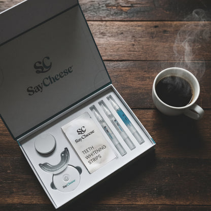 SayCheese SOLACE Sensitive whitening strips kit with coffee